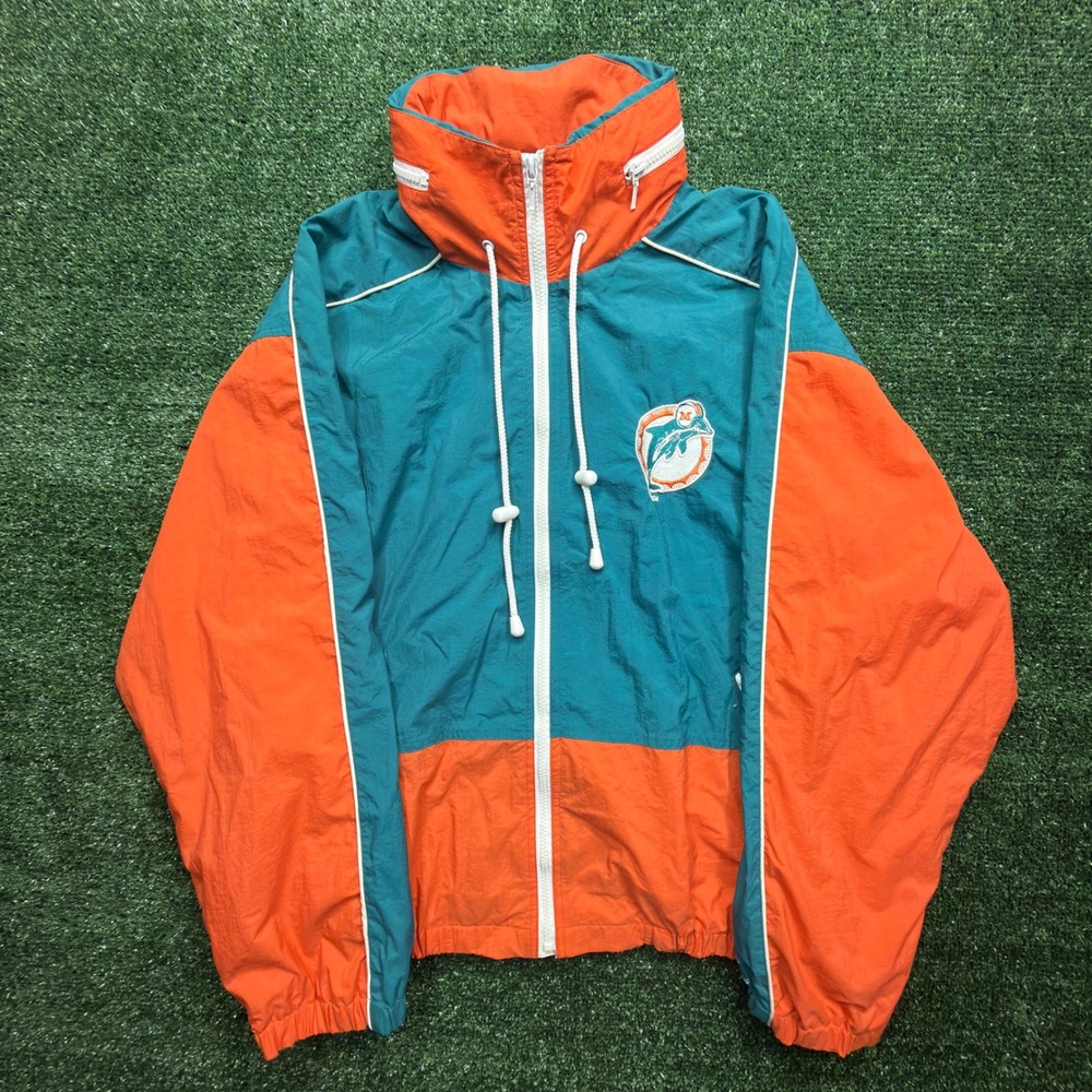 Vintage Miami Dolphins Logo Athletic Windbreaker Jacket Teal Orange Mens Large